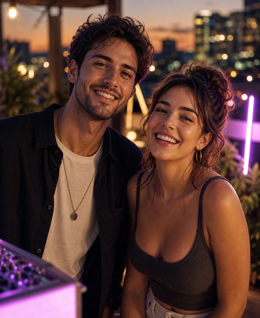 Two adult creators in a rooftop video frame with both faces detected by the app